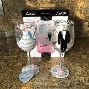 NIB 2 Lolita Wedding Bride and Groom Wine Glasses
